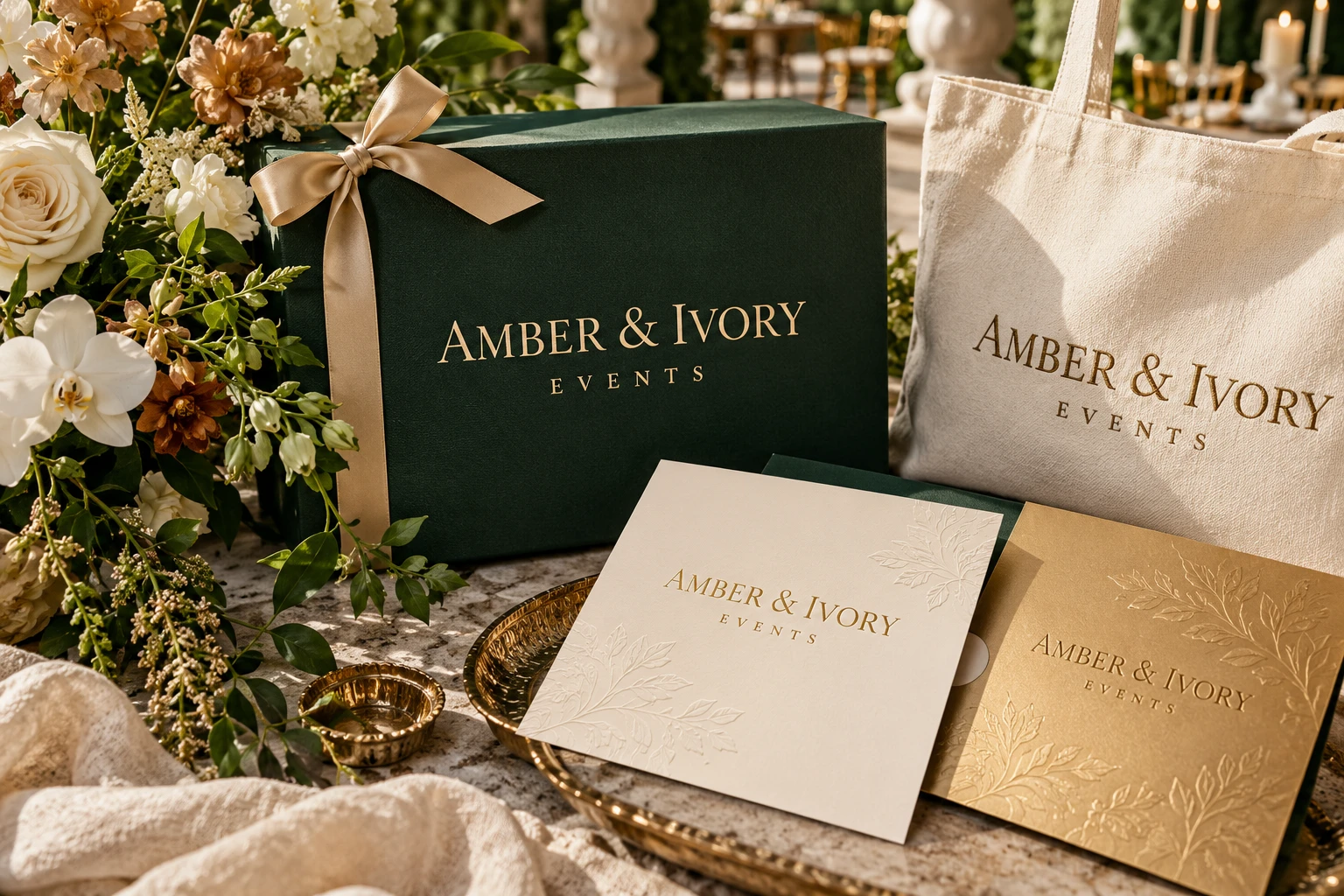 Amber and Ivory event stationery and packaging concept