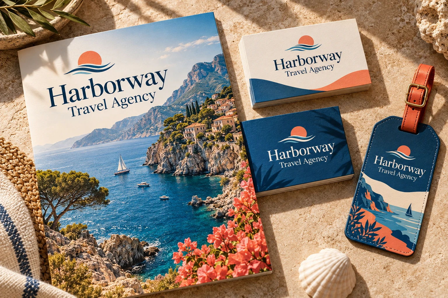 Harborway travel brochure and luggage tag concept