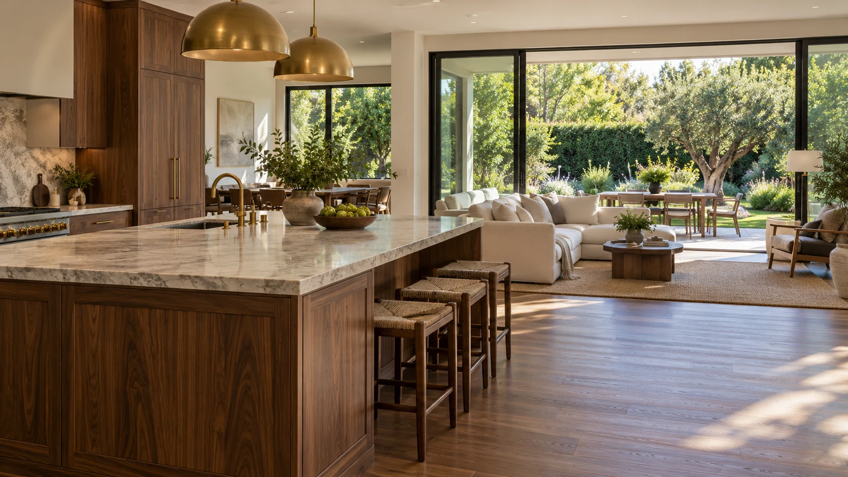 Walnut kitchen and living space opening to a landscaped garden
