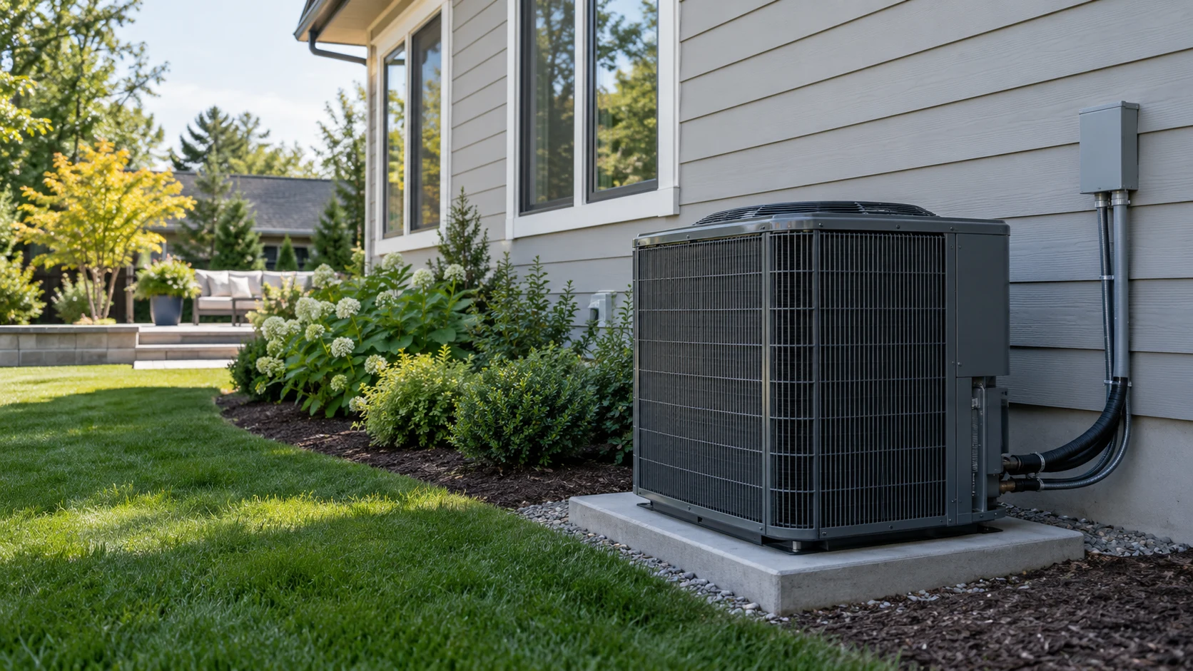Modern outdoor heat pump installation beside a home