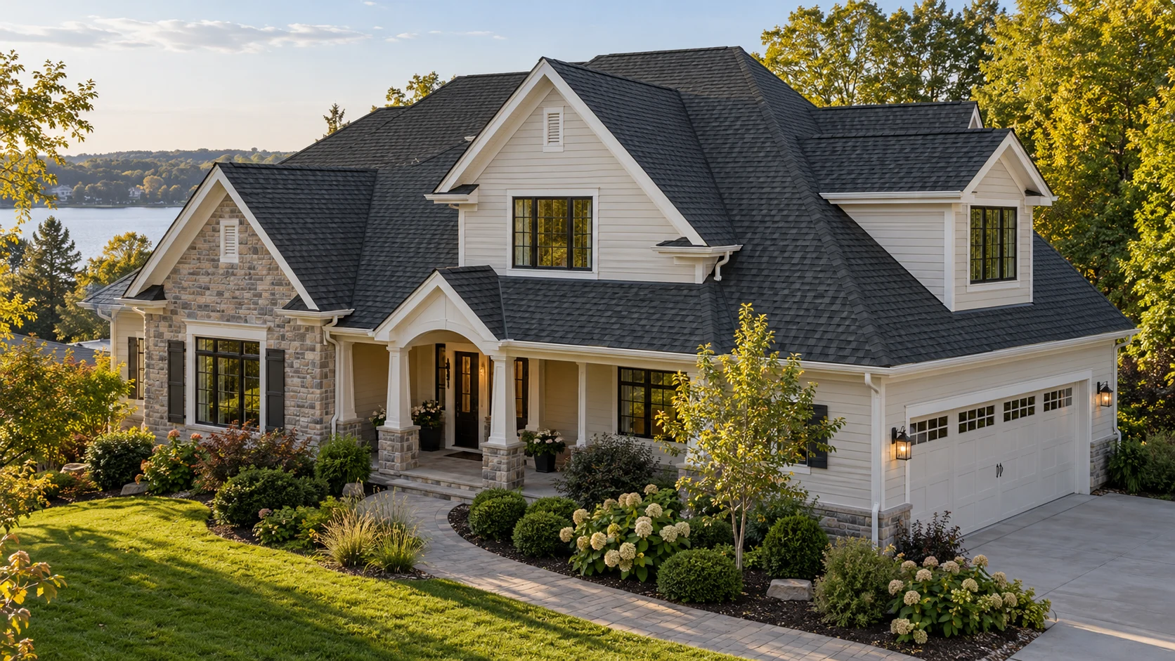 Finished charcoal shingle roof on an American suburban home