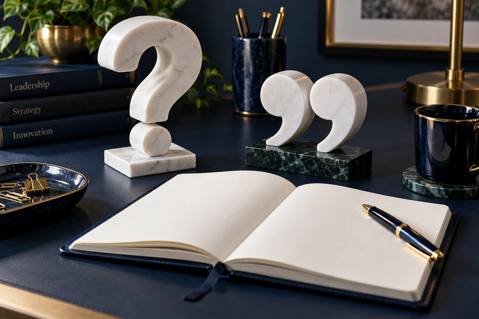 Sculptural question and quotation marks beside a notebook