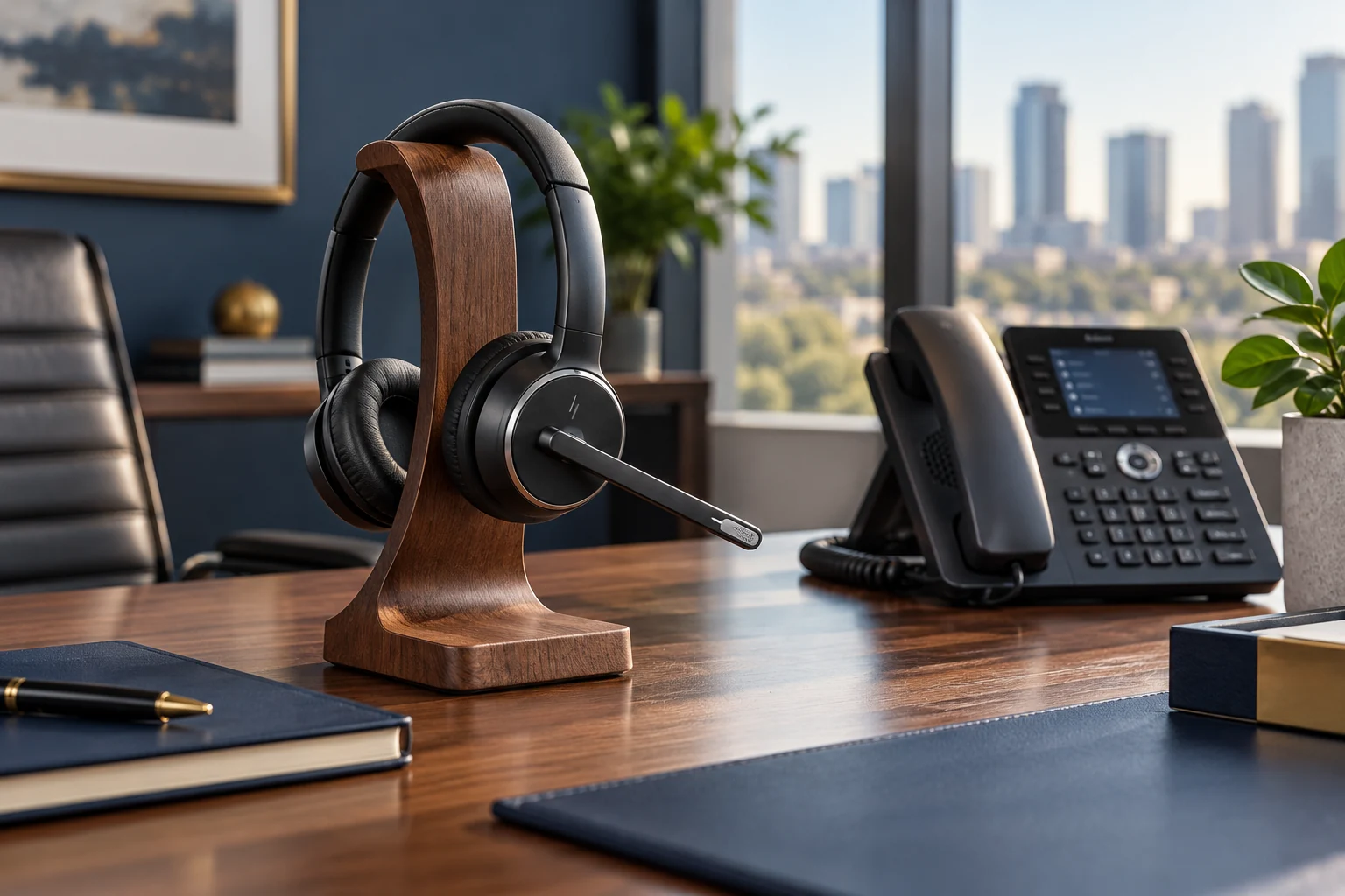 Professional call headset on a walnut stand