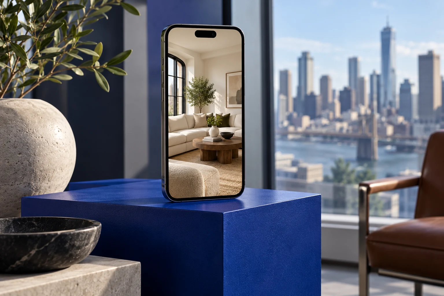 Mobile campaign concept displayed on a cobalt plinth