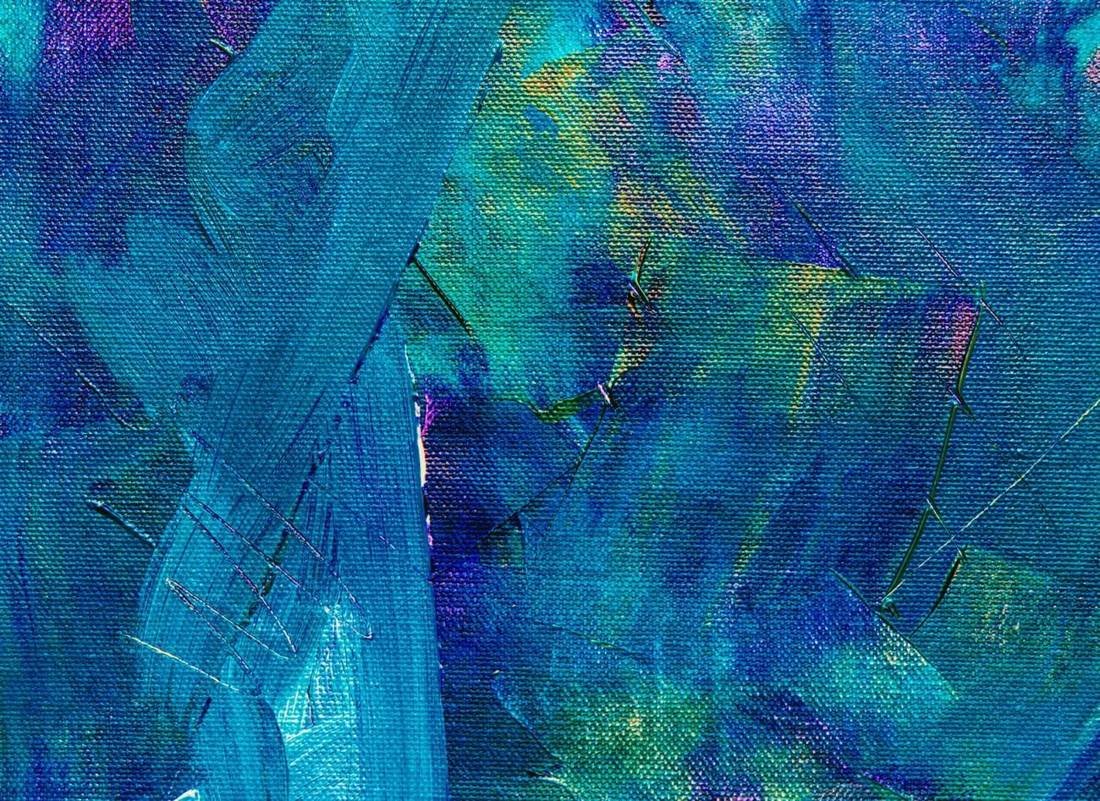 Close-up of an abstract painting in blue and green