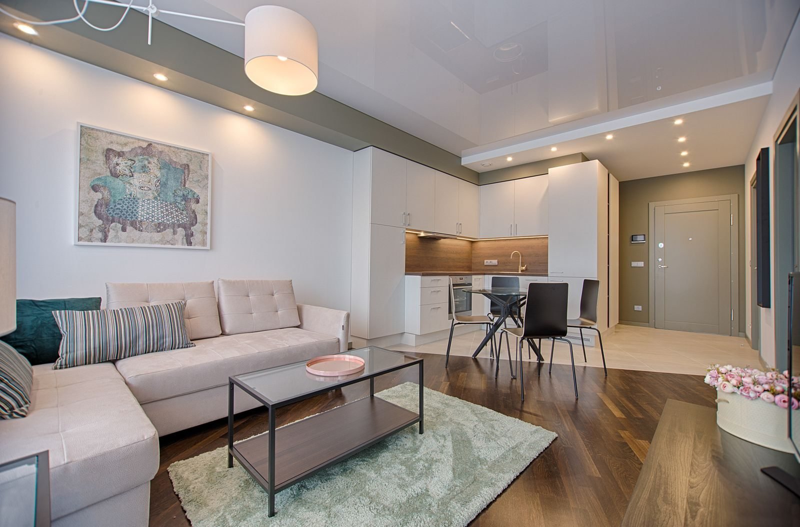 Bright contemporary living room and dining space