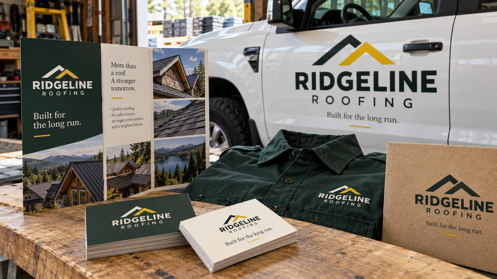 Ridgeline Roofing concept identity across print, workwear and vehicle graphics